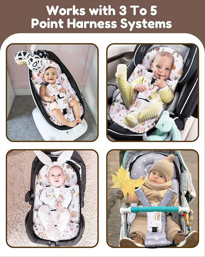Infant Insert, Enlarged Head Support for Baby, Reversible Newborn Insert with 3 Strap Covers, 2-in-1 Baby Cushion for Stroller, Swing, Bouncer, Rocker - Brown Rainbow