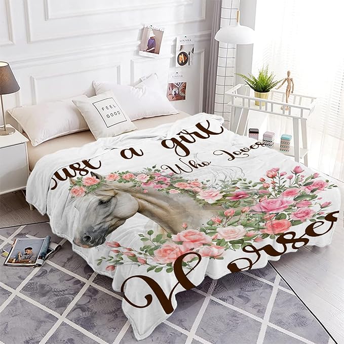 Just A Girl Who Loves Horses Blanket for Adults,Flowers Animals Throw Blanket for Girls Boys Lightweight Cute Horse Soft Cozy Flannel Blanket for Kids 90 * 120 Inches