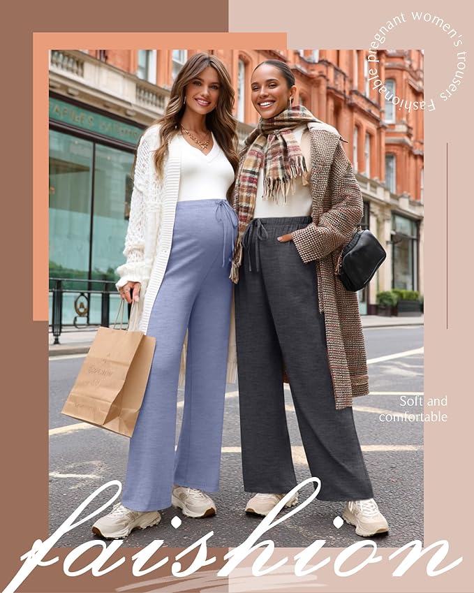 3 Pack Maternity Pants for Women Over The Belly Lounge Work Pregnancy Pants Drawing Wide Leg Trousers with Pockets