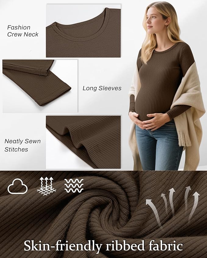 Riyiper 3 Pack Women's Maternity Shirts Long Sleeve Ribbed Knit Pregnancy Tees Cotton Crewneck Tunic Clothes Casual Fall Tops