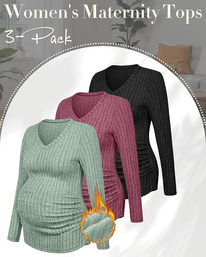 Ficerd 3 Pack Women's Maternity Shirts Ribbed Long Sleeve Pregnancy Tops V Neck Knit Side Ruched Pregnant Clothes Sweater