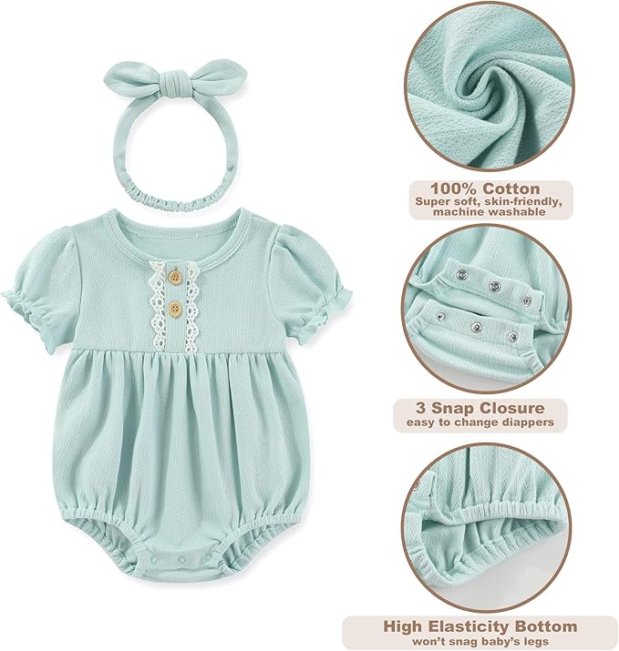 Newborn Baby Girl Clothes Cotton Bubble Romper Floral Short Sleeve Bodysuit 3 Pack