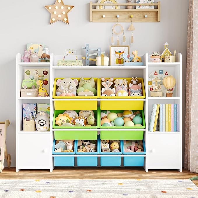 FOTOSOK 55''Large Toy Storage Organizer with 8 Toy Bins, Toy Organizers and Storage with Shelf and 6 Storage Cubbies, Bookshelf, Playroom Organization and Storage Bins, White/Green