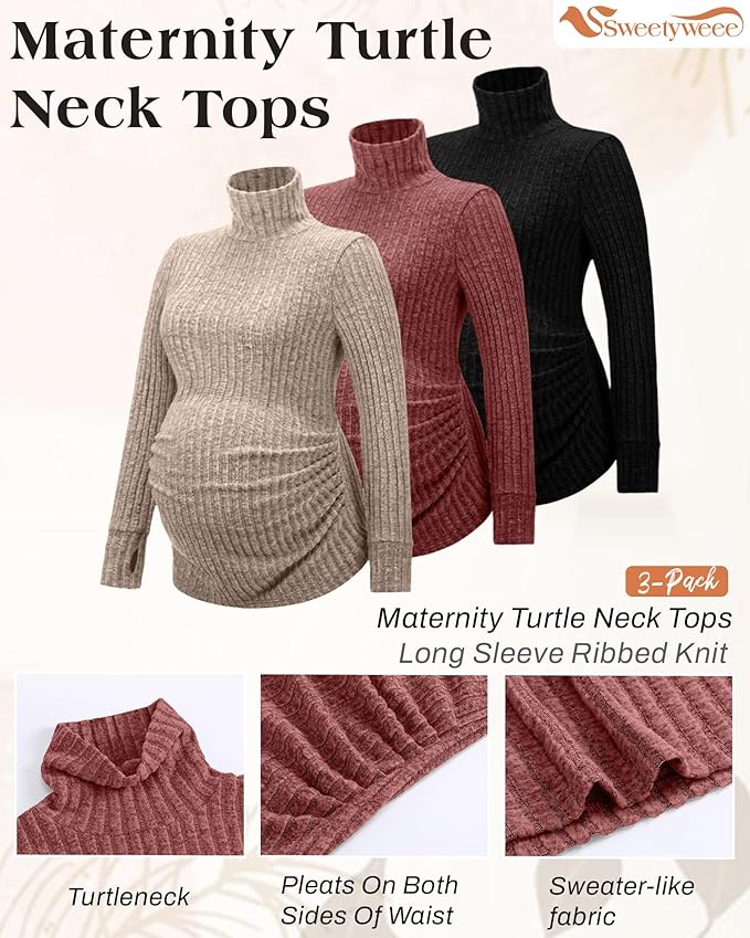 3 Pack Maternity T-Shirts Pregnancy Tops Women Sweater Long Sleeve Turtleneck Ribbed Finger Sleeve Outfits