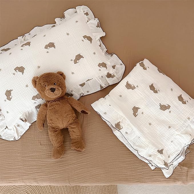 AOJIM Cute Cartoon Pattern Muslin Toddler Kids Pillow Case Super Soft Cotton Baby Crib Pillowcase 1pc with Ruffle Edge, Machine Washable Boys Girls Pillowcase with Bear and Bee Print for Decor,14x20''