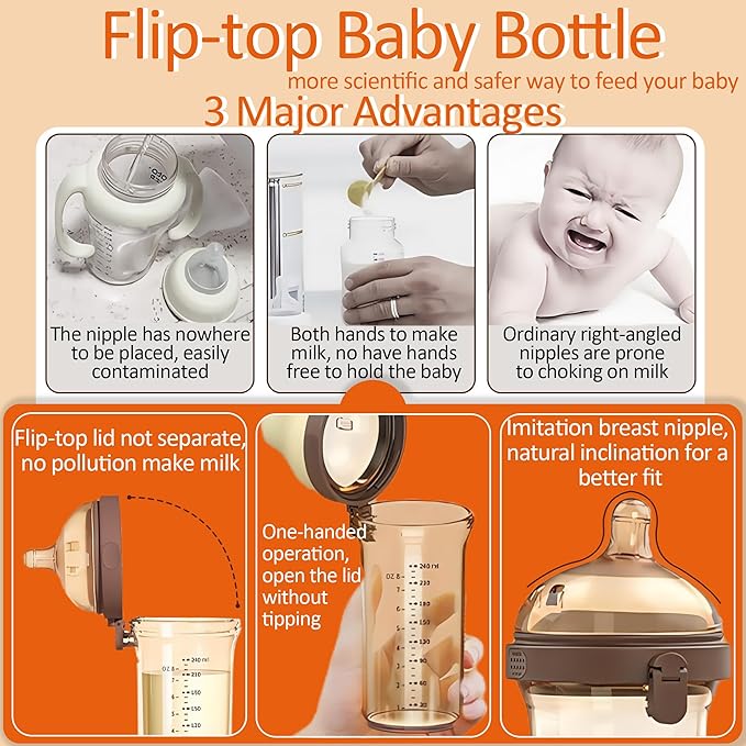 PPSU Baby Bottle, Bottles for Breastfed Babies with Handles and Straw, Flip-top Anti-Colic Baby Bottles 8oz/240mL 6-12 Months