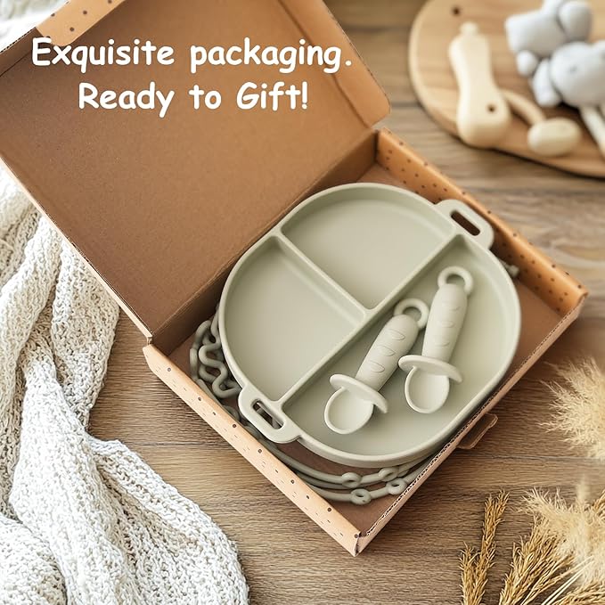Baby Plates with Suction Silicone Baby Spoons Divided Baby Plates Silicone Baby Safety Toy Straps Baby Bottle Bungees Baby Feeding Set All-in-one-Brown