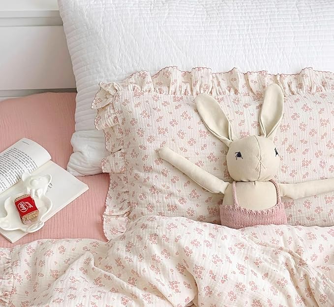 BuLuTu Cotton Muslin Kids Toddler Pillowcase Standard Size, Shabby Chic Galsang Flowers Print, Soft Travel Pillow Case Ruffle Edge Nursery Pillowcases, Boys Girls Bedding Decor, Machine Washable
