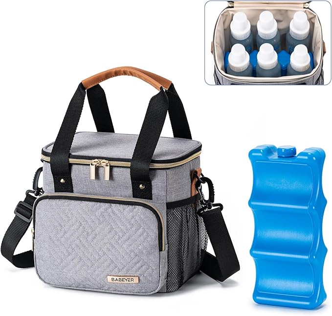 Breastmilk Cooler Bag with Ice Pack Fits 6 Baby Bottles up to 9 Ounce, Breast Milk Pump Cooler Bag for Nursing Mom Daycare, Work, Travel-Light Grey