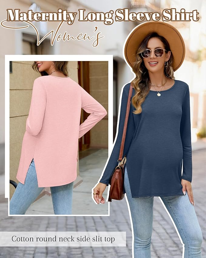 Riyiper 3 Pack Women's Maternity Long Sleeve T-Shirts Round Neck Side Split Tops Loose Casual Pregnancy Mama Clothes Fall