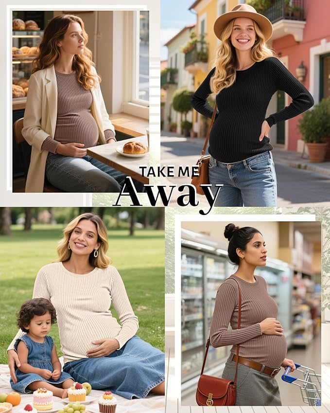 Riyiper 3 Pack Women's Maternity Shirts Long Sleeve Ribbed Knit Pregnancy Tees Cotton Crewneck Tunic Clothes Casual Fall Tops