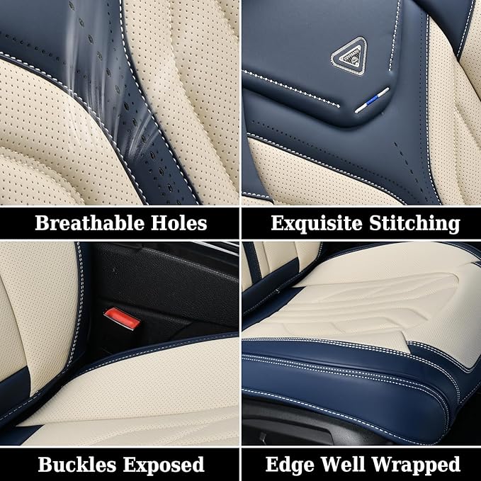 Coverado Car Seat Covers Full Set, Leather Seat Covers for Cars, Automotive Seat Covers Car Seat Protectors Car Accessories Universal Fit for Most Sedans SUV Pick-up Truck(Blue&Beige)