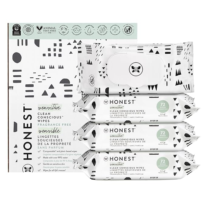 The Honest Company Clean Conscious Multi-Use Wipes | Hypoallergenic + Unscented for Sensitive Skin | Over 99% Water, Compostable, Plant Based, Baby Wipes | Pattern Play, 288 Count