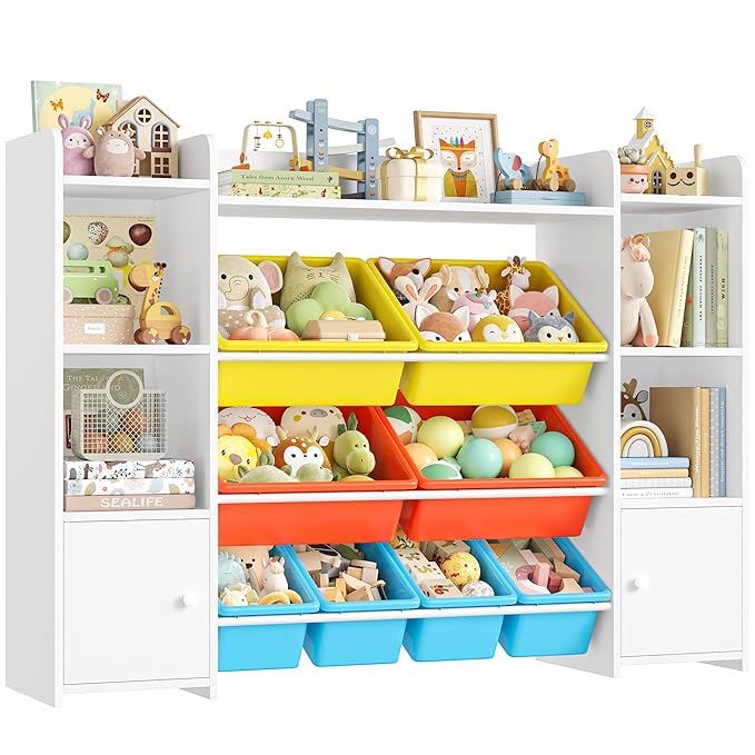 FOTOSOK 55''Large Toy Storage Organizer with 8 Toy Bins, Toy Organizers and Storage with Shelf and 6 Storage Cubbies, Bookshelf, Playroom Organization and Storage Bins, White/Red