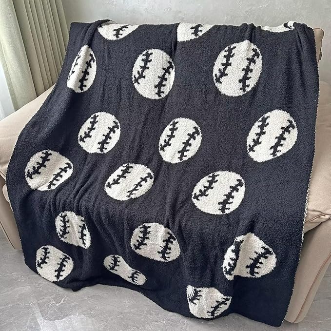 Cozy Baseball Pattern Blanket Perfect Reversible Lightweight Bedding for Adults, Soft, Warm, and Plush Ball Sports Blanket Great for Bed Sofa, Black, 50"x60"