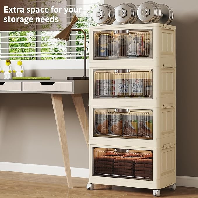4 Tier - 48QT Storage Bins with Lids, Collapsible Storage Bins with Doors and Wheels, Plastic Storage Cabinet for Easy Storage and Organization for Living Room, Office