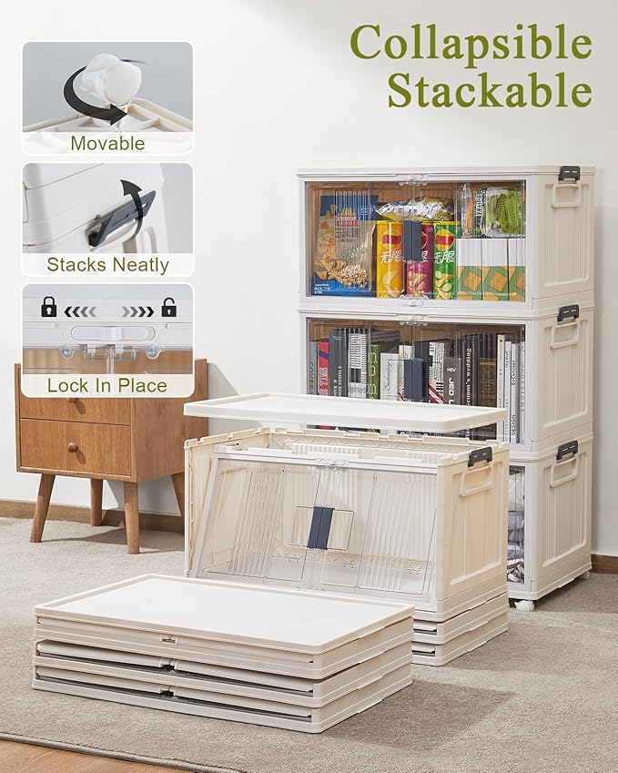 OlarHike 76QT Stackable Storage Bins with Lids - Folding Storage Box with Doors and Wheels, Collapsible Plastic Storage Bins for Closets, Home Organizers, 3 Pack Cubes (Warm Gray)