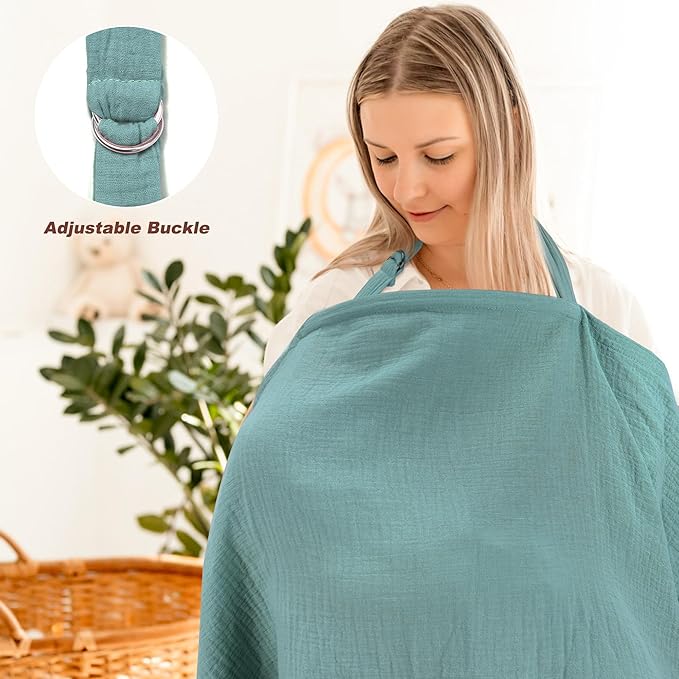 Muslin Nursing Cover for Breastfeeding, Privacy Breathable Breastfeeding Cover with Arch Neckline for Mom, 100% Cotton Nursing Apron, Floral and Green