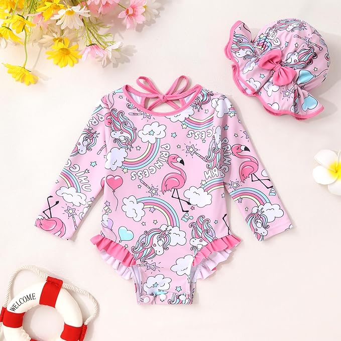 YOUNGER TREE Infant Baby Girls Swimsuit Long Sleeve Swimsuits One Piece Swimsuit Solid Color Bathing Suit with Hat, UPF 50+