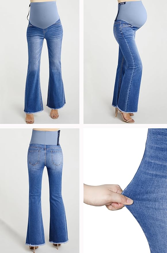 BLENCOT Maternity Jeans for Women Over Belly Pregnancy Pants Comfy Pregnant Jeans Flare Denim Jeans with Pockets