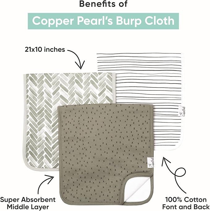 Copper Pearl Premium Baby Burp Cloths - 3-Pack Large Cotton Burp Cloths, Extra Soft Spit Up Rags with 3 Absorbent Layers, Perfect for Baby Boy and Baby Girl Gifts (21" x 10" Size, Rufus Set)