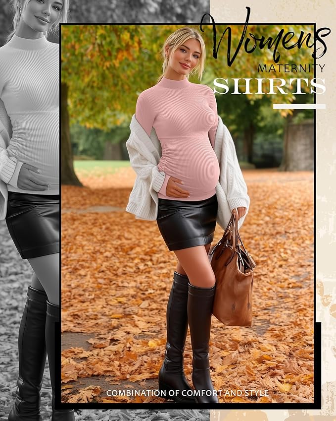 4 Packs Womens Maternity Shirts Long Sleeve Cotton Ribbed Pregnancy Mock Neck Side Ruched Workout Tops for Mama