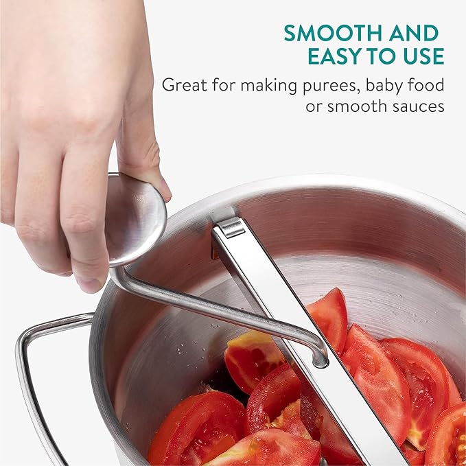 Navaris Stainless Steel Food Mill 2-Quart with 3 Grinding Discs - Rotary Food Mill to Grind & Puree Fruits, Vegetables, Tomato Sauce, Potatoes, Jams and Baby Food Dishwasher Safe