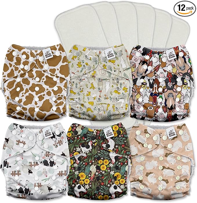 Mama Koala 3.0 Cloth Diapers for Babies with AWJ Lining, 6 Pack with 6 5-Layer Natural Cloth Diaper Inserts - Reusable and Washable Pocket Diapers(A-The Farm Story)