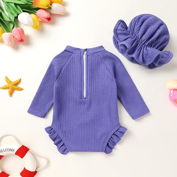 YOUNGER TREE Infant Baby Girls Swimsuit Long Sleeve Swimsuits One Piece Swimsuit Solid Color Bathing Suit with Hat, UPF 50+