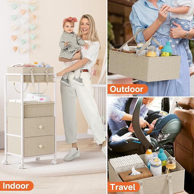 Baby Diaper Caddy Organizer Cart with Drawers - 3In1 Rolling Storage Cart with Wheels, Removable Diaper Caddy, Detachable Dividers - for Crib, Bedroom, Art & Craft Organizer (Off White)
