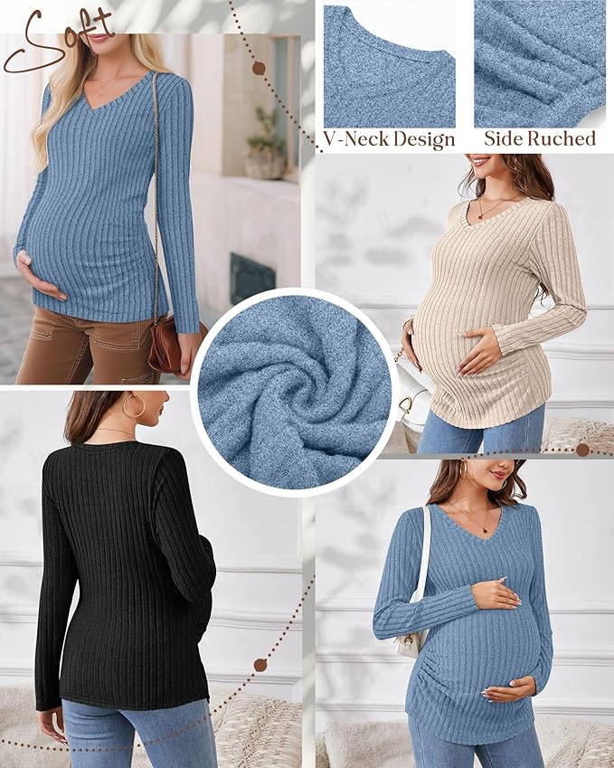 Ficerd 3 Pack Women's Maternity Shirts Ribbed Long Sleeve Pregnancy Tops V Neck Knit Side Ruched Pregnant Clothes Sweater