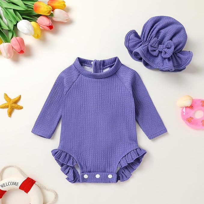 YOUNGER TREE Infant Baby Girls Swimsuit Long Sleeve Swimsuits One Piece Swimsuit Solid Color Bathing Suit with Hat, UPF 50+