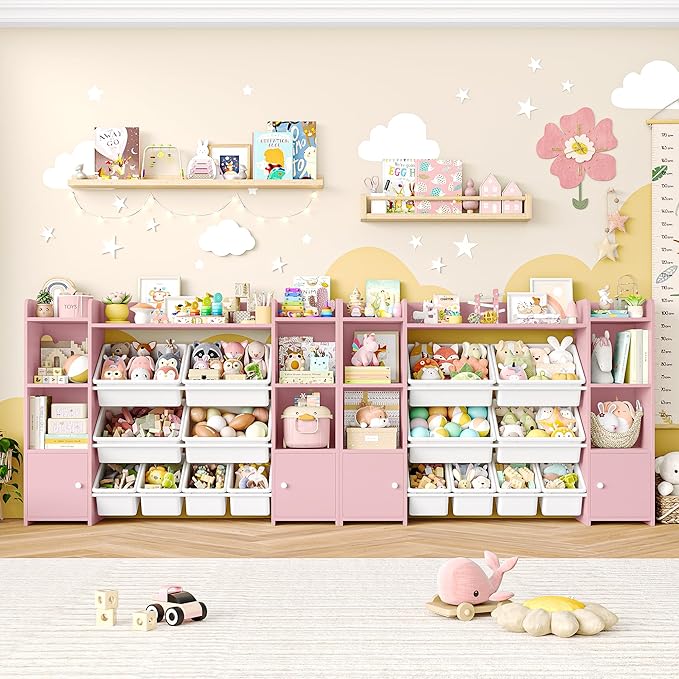 FOTOSOK 55''Large Toy Storage Organizer with 8 Toy Bins, Toy Organizers and Storage with Shelf and 6 Storage Cubbies, Bookshelf for Kids, Playroom Organization and Storage Bins, Pink