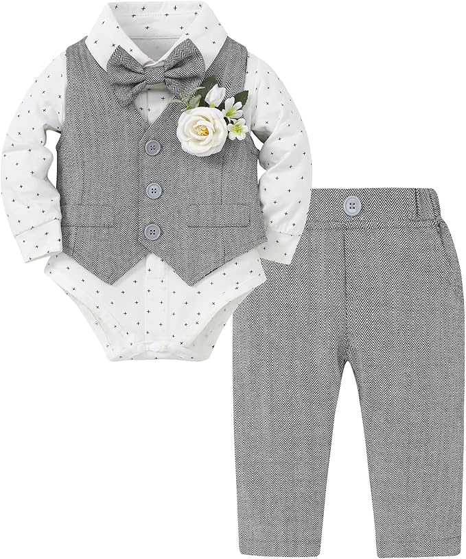 Coco&RARA Baby Boy Clothes Suits Infant Gentleman Outfits, Formal Dress Shirt+Vest+Corsage+tie+Pants Baby Suit Set 0-18M
