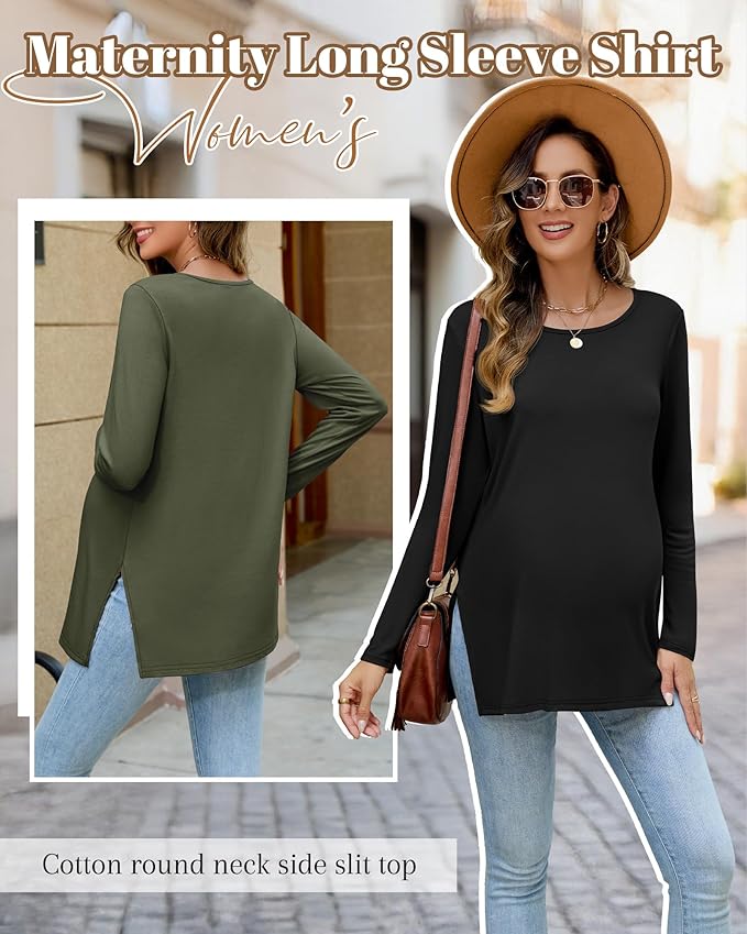 Riyiper 3 Pack Women's Maternity Long Sleeve T-Shirts Round Neck Side Split Tops Loose Casual Pregnancy Mama Clothes Fall
