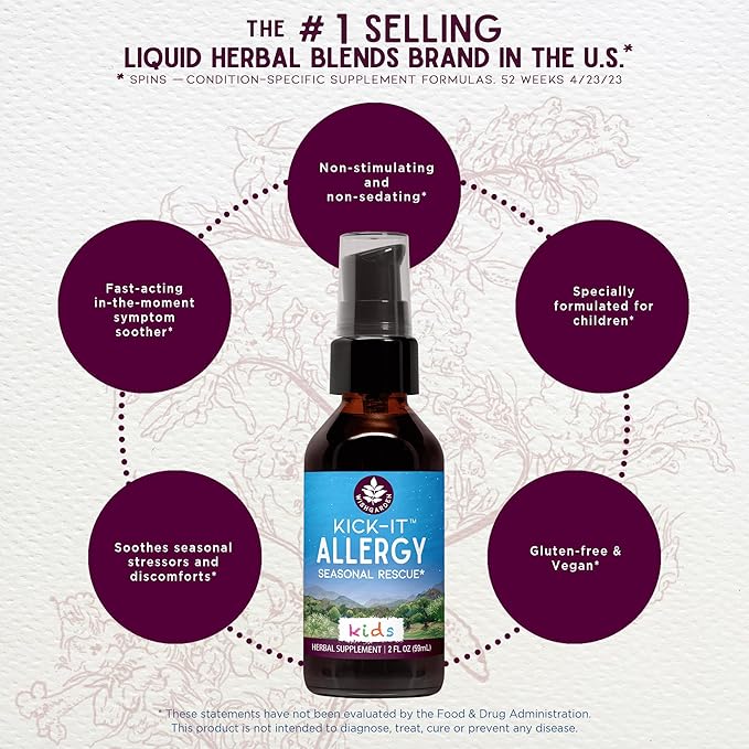 WishGarden Herbs Kick-It Allergy for Kids - Plant-Based Non-Drowsy Herbal Allergy Supplement with Nettle Leaf, Echinacea & Yerba Santa, Supports Healthy Histamine Response to Seasonal Irritants, 2oz