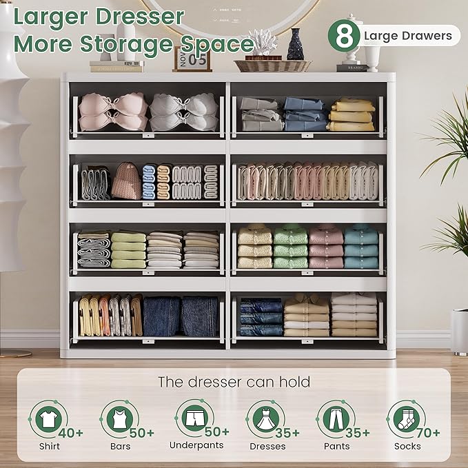 White 8 Drawer Dresser, Modern Fluted Dressers & Chest of Drawers for Bedroom, 48" Wide Dresser TV Stand with Deep Drawer, Curved Profile, Wood Organizer for Bedroom, Living Room, Hallway