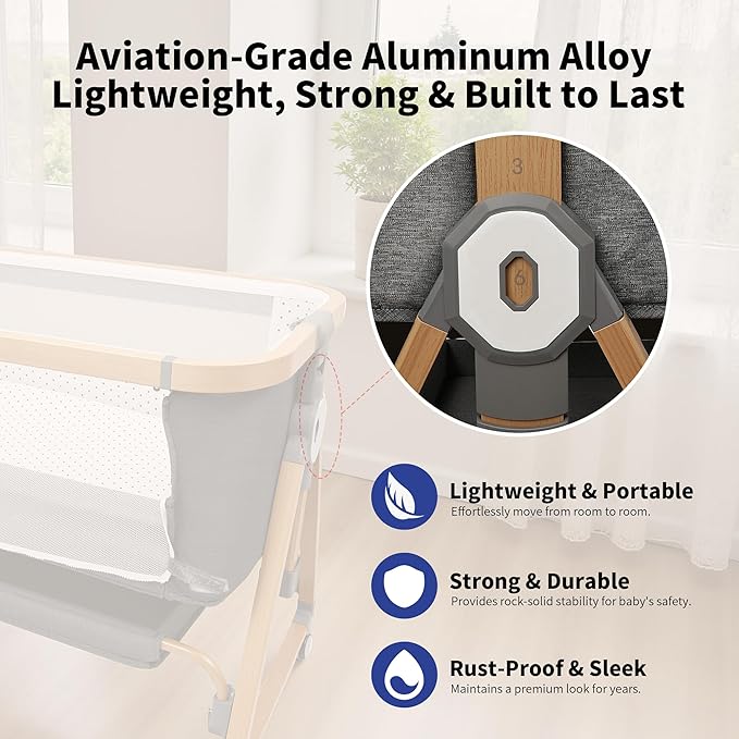 Baby Bassinet Bedside Sleeper CPSC Certified 3-in-1 Portable Crib with 4in Large Wheels 6 Height Adjustable Includes Mosquito Net Mattress Storage Basket Aluminum Alloy Woodgrain Gray