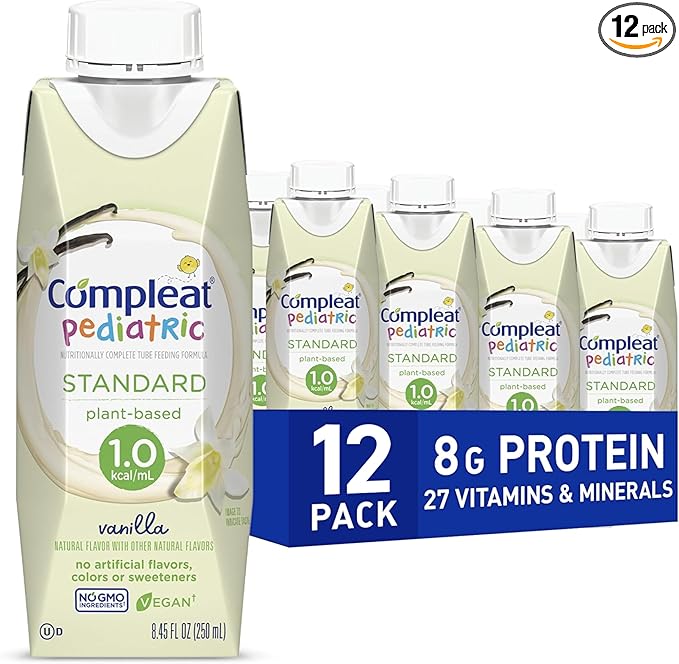 Compleat Pediatric Standard 1.0 Plant-Based Vanilla Nutrition Shake, 8g of Protein, 27 Vitamins & Minerals - Vegan Tube Feeding Formula, 8.45 Fl Oz (Pack of 12)