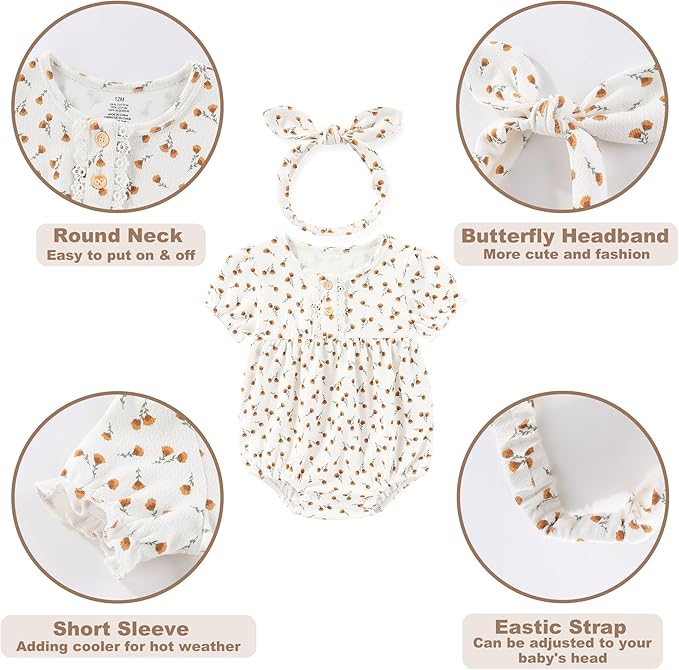 Newborn Baby Girl Clothes Cotton Bubble Romper Floral Short Sleeve Bodysuit 3 Pack