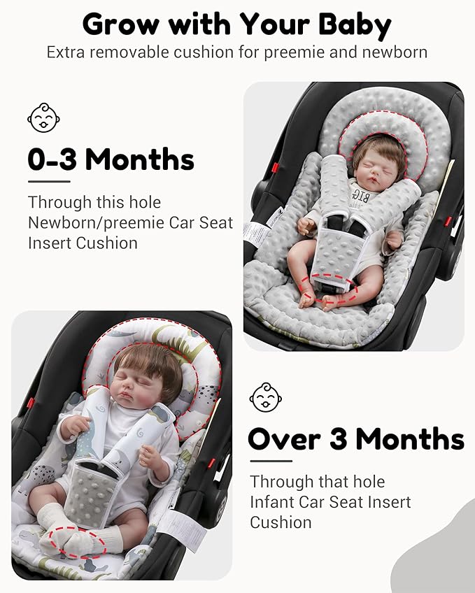 Infant Car Seat Insert with Removable Cushion for Baby Preemie Newborn Infant, Reversible carseat Insert Head Body Support Fits for Stroller, Baby Swing, Rocker, Bouncer, Bassinet - Grey