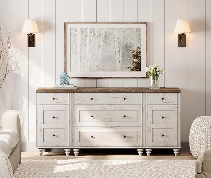 WAMPAT Rustic White Dresser for Kids Bedroom with 5 Drawers and 2 Storage Cabinet, Nightstands with Charging Station for Living Room, Mid Century Modern Baby Dressers with Wide Chest of Drawers