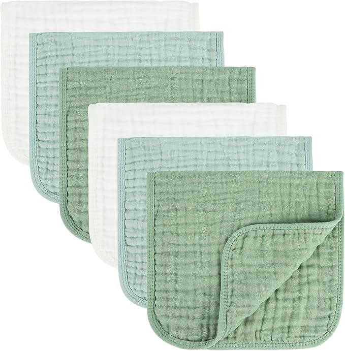 Baby Burp Cloth 100% Cotton Newborn Cotton Muslin Burp Cloth 10x20 inches (White & Green 6 Pieces)