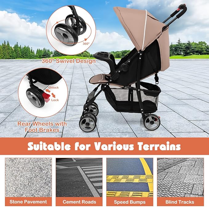 HONEY JOY Travel Stroller, Quick Fold Lightweight Baby Umbrella Stroller for Airplane, Adjustable Canopy & Backrest, Storage Basket, Removable Meal Tray, Compact Stroller Newborn and Toddler(Coffee)