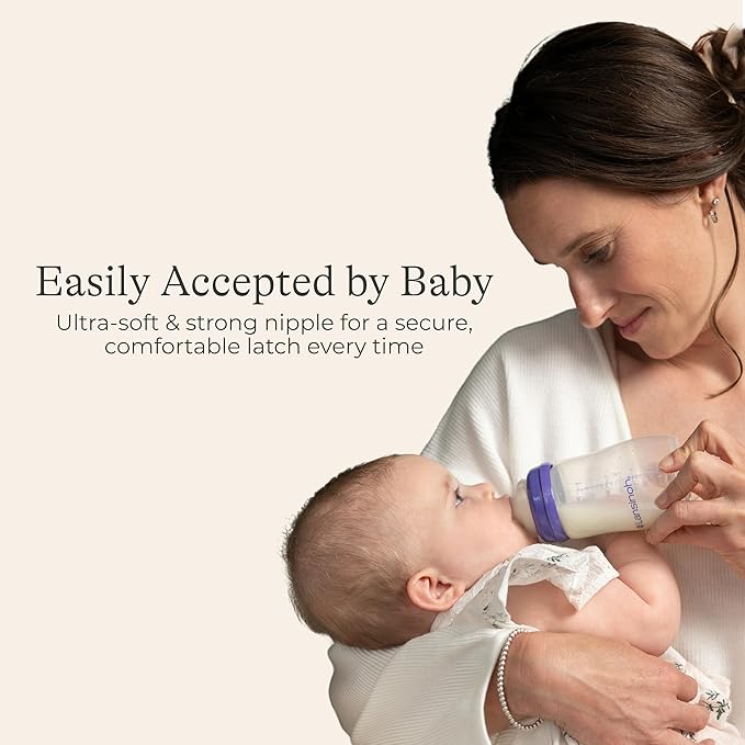 Lansinoh Anti-Colic Baby Bottles for Breastfeeding Babies, 8 Ounces, 6 Count, Includes 6 Medium Flow Nipples, Size M