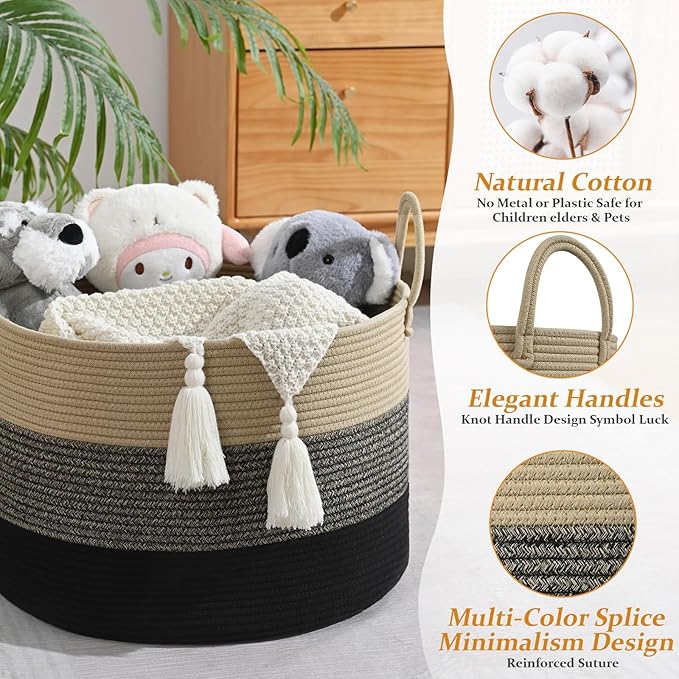 67L Storage Basket for Organizing, 20"×13" Large Laundry Baskets, Cotton Rope Woven Blanket Basket, Toy Storage for Kids, Collapsible Blankets Storage for Living Room, Nursery Room
