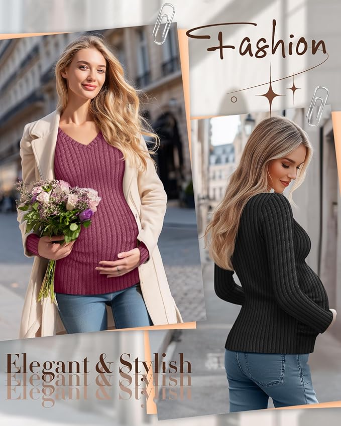 Ficerd 3 Pack Women's Maternity Shirts Ribbed Long Sleeve Pregnancy Tops V Neck Knit Side Ruched Pregnant Clothes Sweater