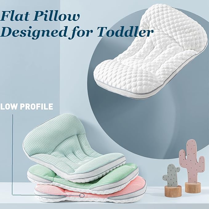 Reidio Toddler Pillows Double Sided Cooling Fabric & Breathable Mesh Kids Pillow Dual Heights Toddler Ergonomic Design Advanced Hose Filler Machine Washable (Blue Green, H2)