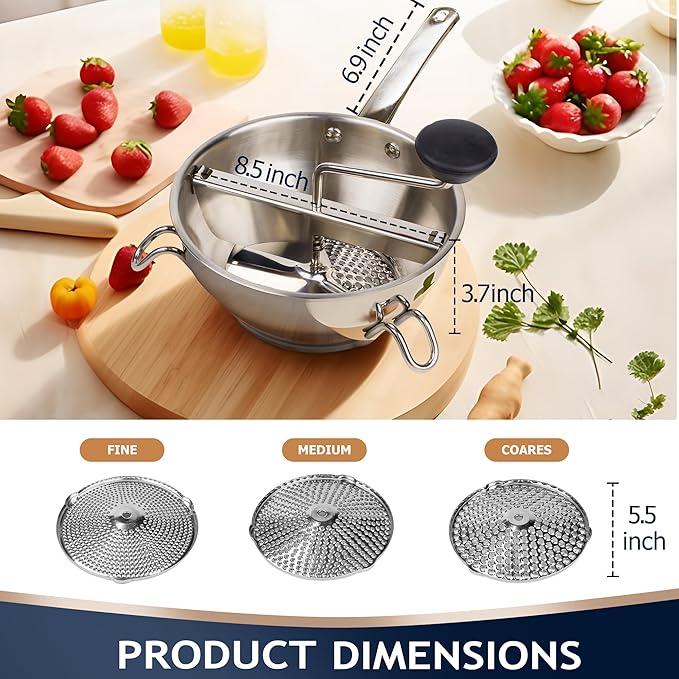 Food Mill Stainless Steel With 3 Grinding Discs and Complete Canning Supplies Starter Kit of 8-Includes Tongs, Jar Lifter, Wrench, Lid Lifter, measurer,Funnel,Labels,Multifunctional Spoon(BX-OG-GR)