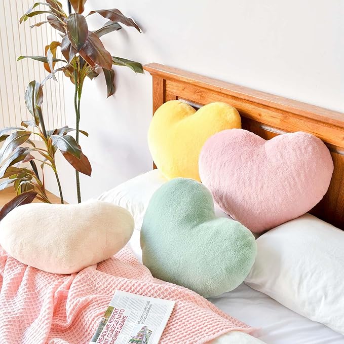 Sage Green Heart Pillows, Cute Heart Decorative Pillow, Heart Shaped Throw Pillows for Bed, Faux Rabbit Fur Plush Hoom Decor Pillow Cushion for Chair Sofa Living Room (Large-19.6"x15.7")